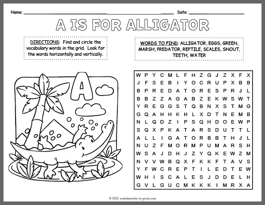 Free Alligator Word Search & Coloring Page