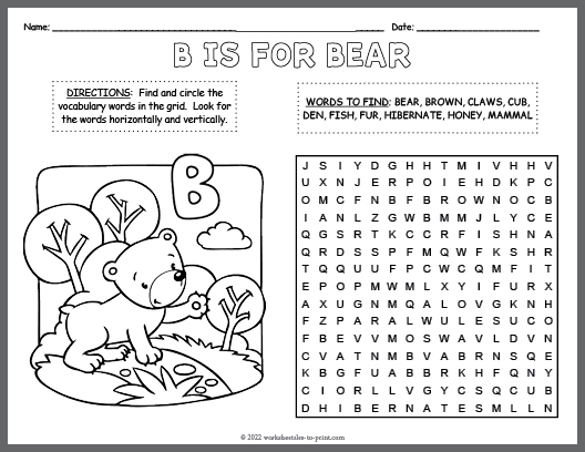 Free Bear Word Search & Coloring Page