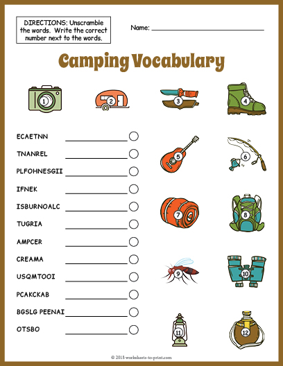 Camping Vocabulary Worksheet