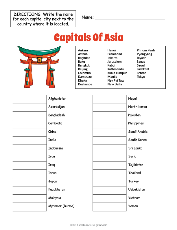Free Capitals Of Asia Geography Worksheet