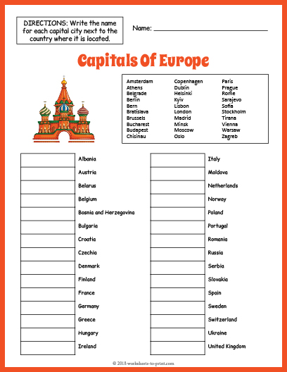 Free Capitals Of Europe Geography Worksheet