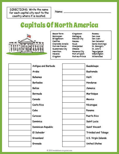 Free Capitals Of North America Geography Worksheet