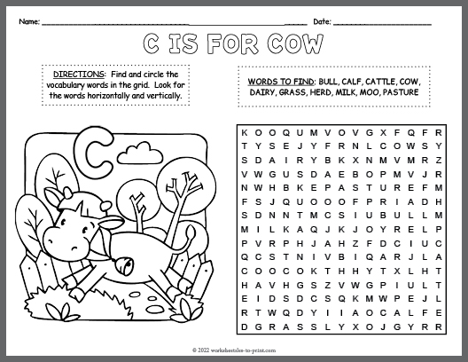 Free Cow Word Search & Coloring Page