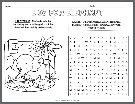 Free Elephant Word Search & Coloring Page