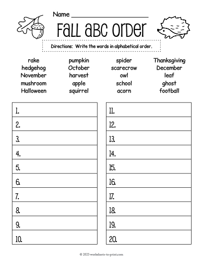 Free Fall Alphabetizing Worksheet