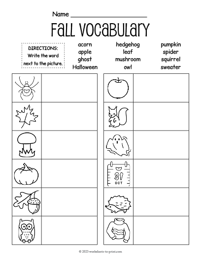 Free Fall vocabulary Fill In Worksheet