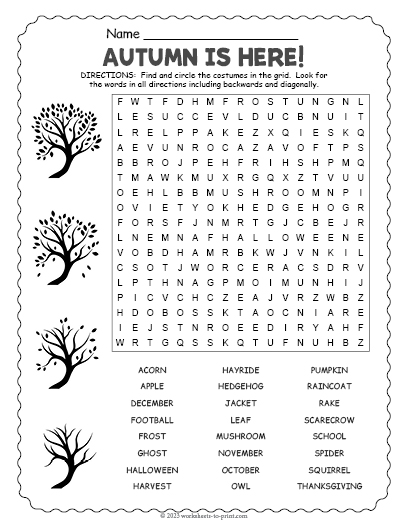 Free Fall Word Search Worksheet