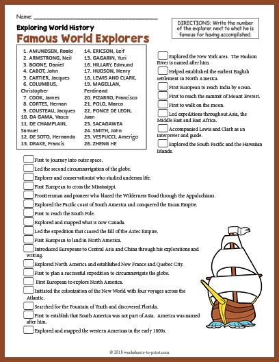 Free Famous World Explorers History Worksheet