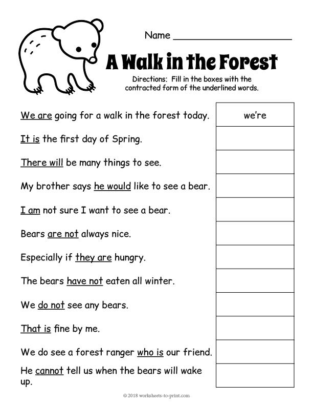 Forest Walk Contractions Worksheet