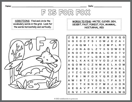 Free Fox Word Search & Coloring Page