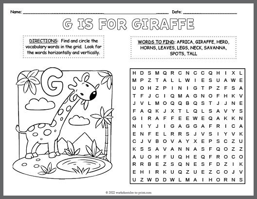 Free Giraffe Word Search & Coloring Page