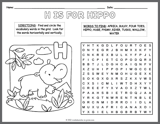 Free Hippo Word Search & Coloring Page
