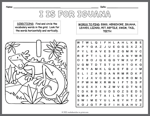 Free Iguana Word Search & Coloring Page