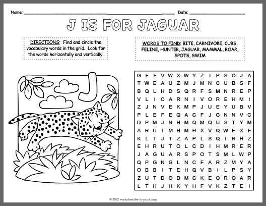 Free Jaguar Word Search & Coloring Page