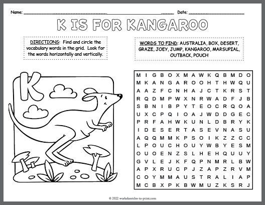 Free Kangaroo Word Search & Coloring Page