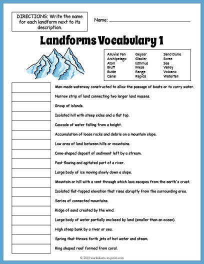 Free Landforms Vocabulary Worksheet 1