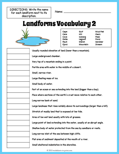 Free Landforms Vocabulary Worksheet 2