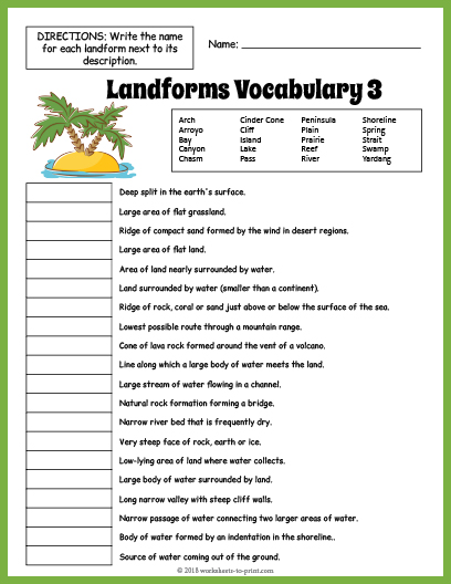 Free Landforms Vocabulary Worksheet 3