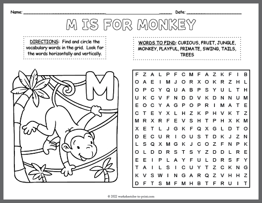 Free Monkey Word Search & Coloring Page