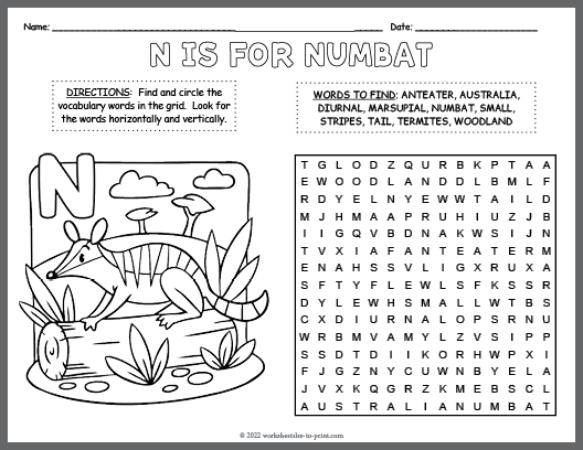 Free Numbat Word Search & Coloring Page