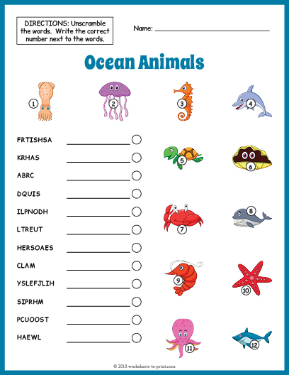 Ocean Animals Vocabulary Worksheet