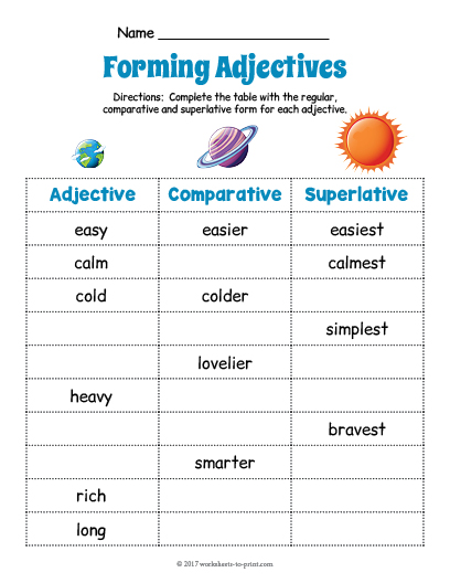 Planets Adjective Forms Worksheet