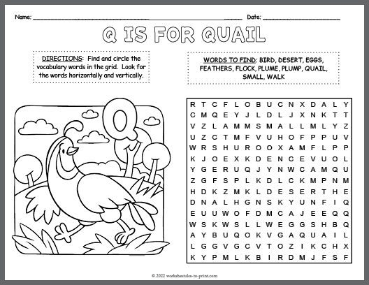 Free Quail Word Search & Coloring Page
