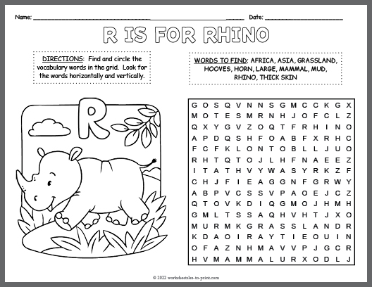 Free Rhino Word Search & Coloring Page