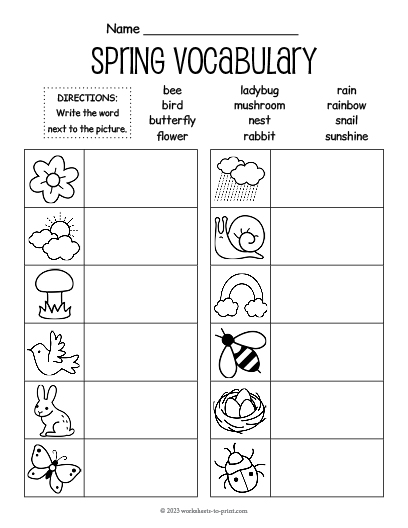 Free Spring vocabulary Fill In Worksheet