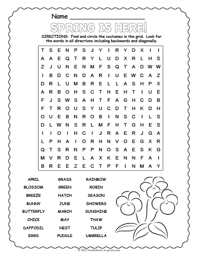 Free Spring Word Search Worksheet