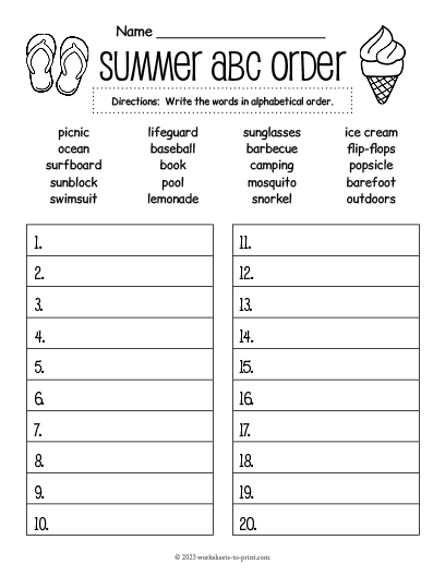 Free Summer Alphabetizing Worksheet