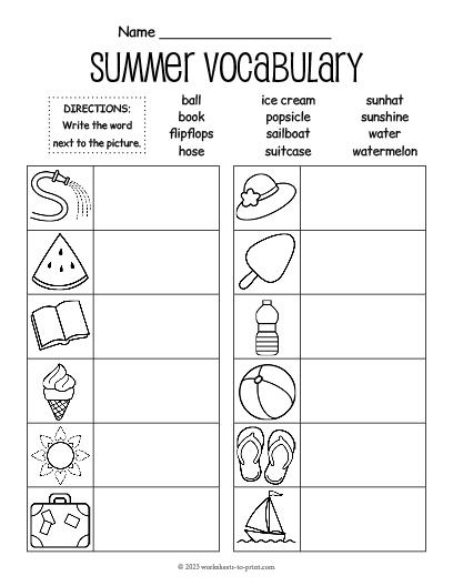 Free Summer Vocabulary Fill In Worksheet