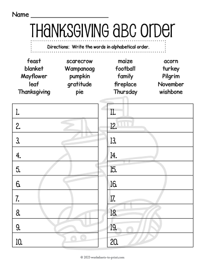 Thanksgiving Alphabetizing Worksheet