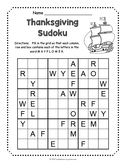 Free Thanksgiving Sudoku Worksheet