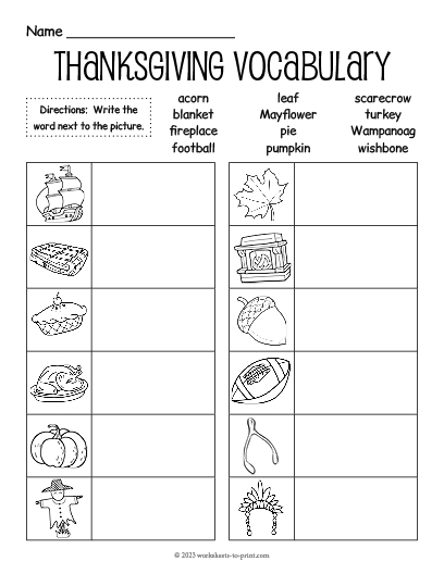Thanksgiving Vocabulary Fill-in Worksheet
