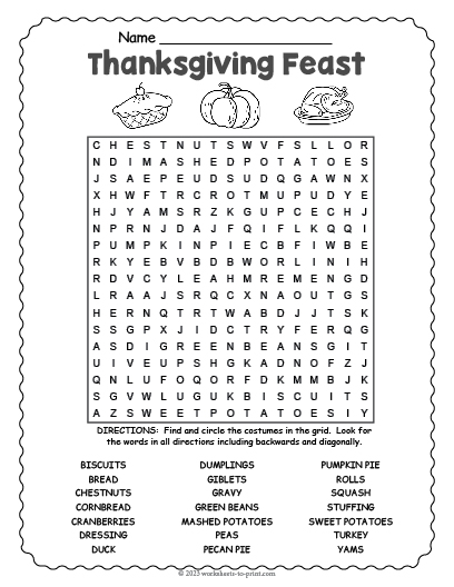 Free Thanksgiving Word Search Worksheet