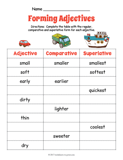 worksheets grade adjective printable for 2nd Adjective Forms Worksheet Transportation