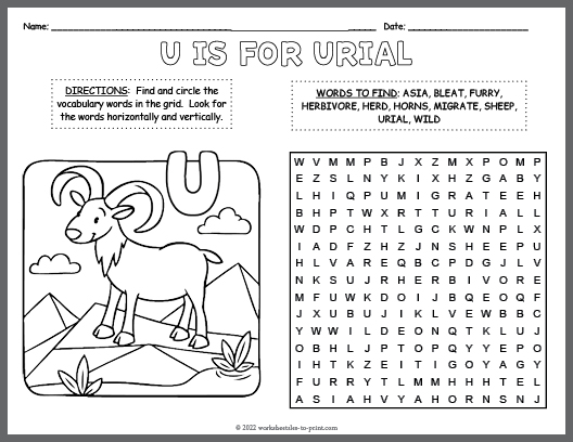 Free Urial Word Search & Coloring Page