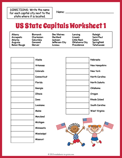 us state capitals worksheet 1