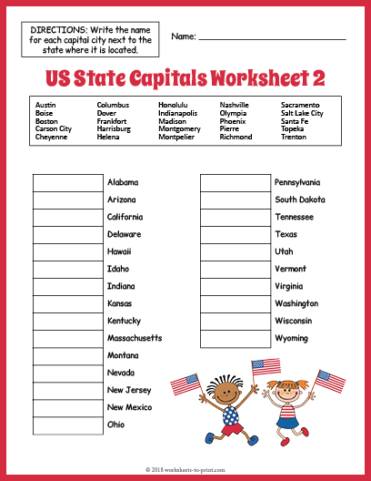 Free US State Capitals Worksheet 2