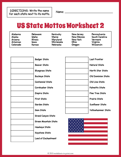 Free US State Mottos Worksheet 2