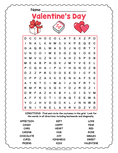 Free Valentine's Day Word Search Worksheet