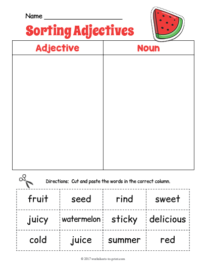 Watermelon Adjective Sorting Worksheet