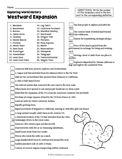 Free Westward Expansion History Worksheet