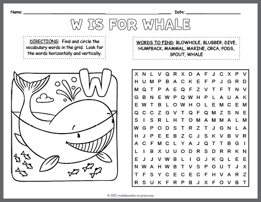 Free Whale Word Search & Coloring Page