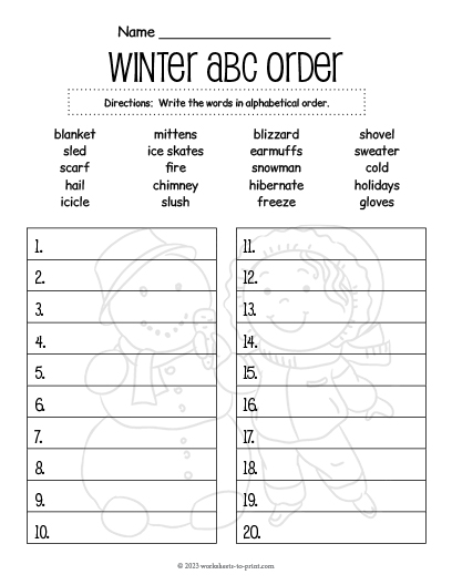 Free Winter Alphabetizing Worksheet