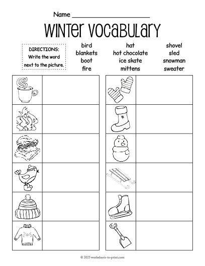 Free Winter Vocabulary Fill In Worksheet