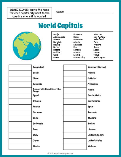 Free World Capitals Worksheet