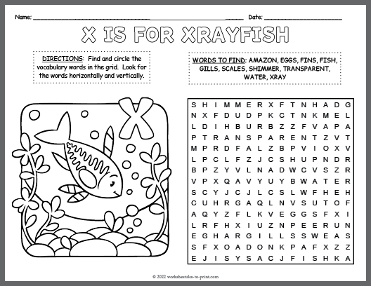 Free Xrayfish Word Search & Coloring Page