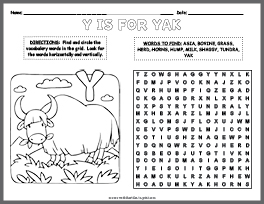 Yak Word Search & Coloring Page thumbnail